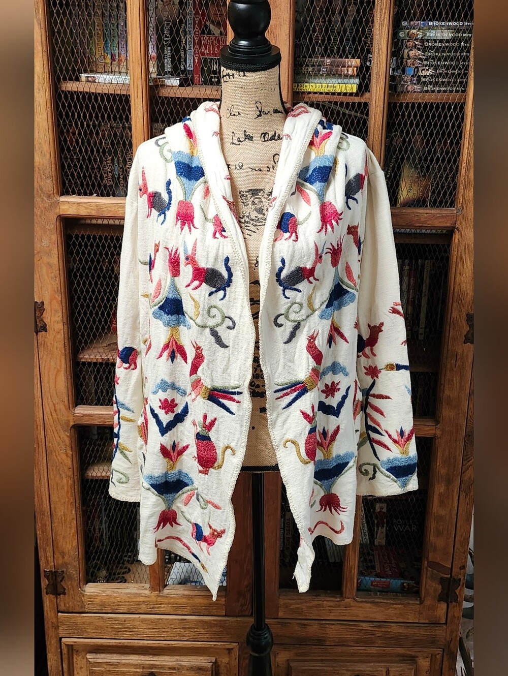 Biya Johnny Was Embroidered Hooded Drape Cardigan Sweater Jacket Sz XL - Picture 8 of 9